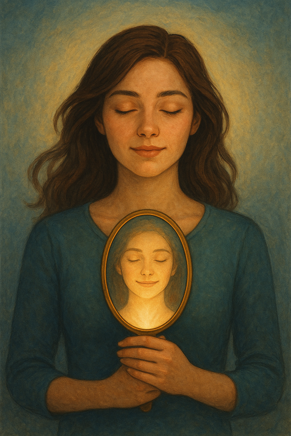 Mujer con los ojos cerrados sosteniendo un espejo en el pecho, donde se refleja una luz interior simbolizando el espejo interior y la autoestima.