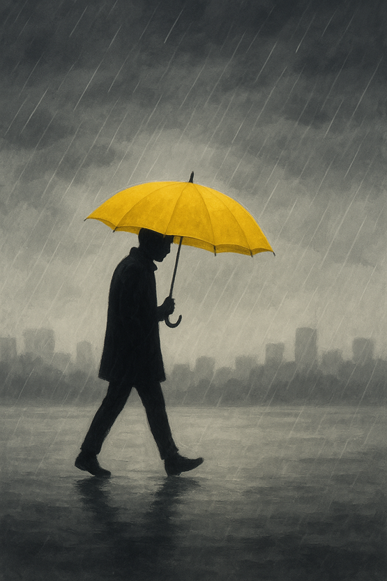 Silueta de una persona caminando bajo la lluvia con un paraguas amarillo en un entorno gris y nublado; el contraste entre el color brillante del paraguas y el fondo apagado simboliza la resiliencia, la esperanza y el amor propio en medio de la adversidad.
