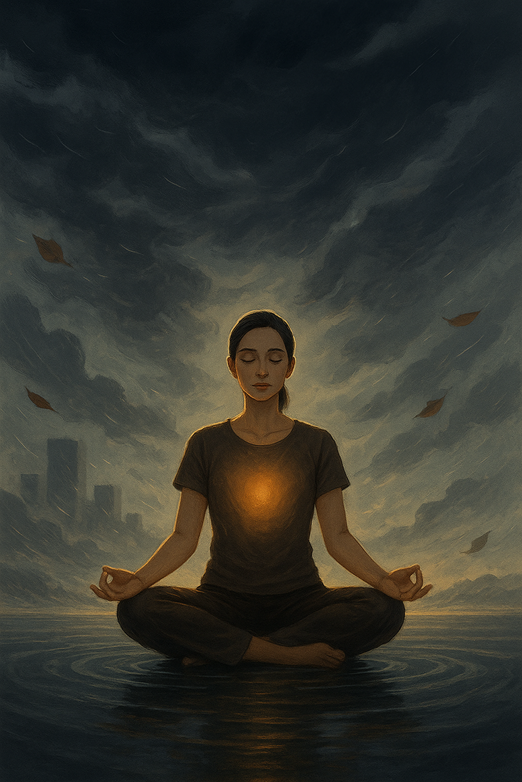 Bienestar emocional, Persona meditando serenamente sobre un lago tranquilo mientras a su alrededor sopla el viento y vuelan hojas; del pecho irradia una luz dorada que simboliza equilibrio y calma interior en medio del caos.