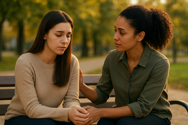 Rompiendo el silencio: hablar de salud mental es un acto de valentía 2 Dos mujeres sentadas en un banco de parque al atardecer, una mostrando tristeza mientras la otra la escucha con empatía y le ofrece apoyo con una mano en el hombro. La escena transmite comprensión, conexión humana y confianza.