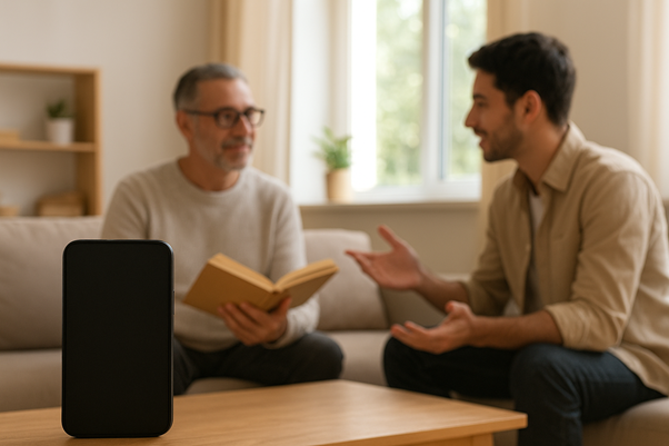 Teléfono móvil apagado en primer plano sobre una mesa, mientras al fondo dos personas conversan y leen en una habitación luminosa, transmitiendo calma y equilibrio digital.