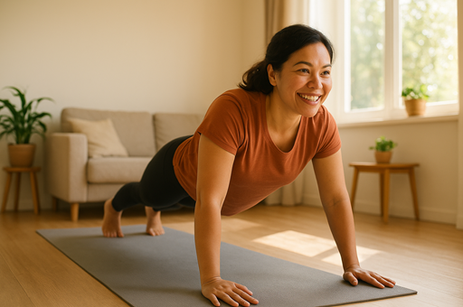 Mujer sonriente realizando una plancha en el suelo de su sala iluminada por luz natural, rodeada de sofá y plantas, representando bienestar, energía y actitud positiva durante su rutina en casa.