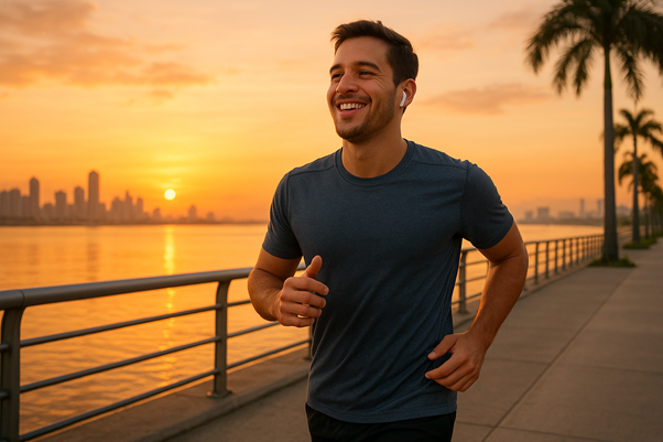 Hombre joven haciendo ejercicio al amanecer en una Cinta Costera, con auriculares y ropa deportiva, sonriendo mientras corre junto al mar bajo una luz cálida que refleja bienestar y movimiento diario.