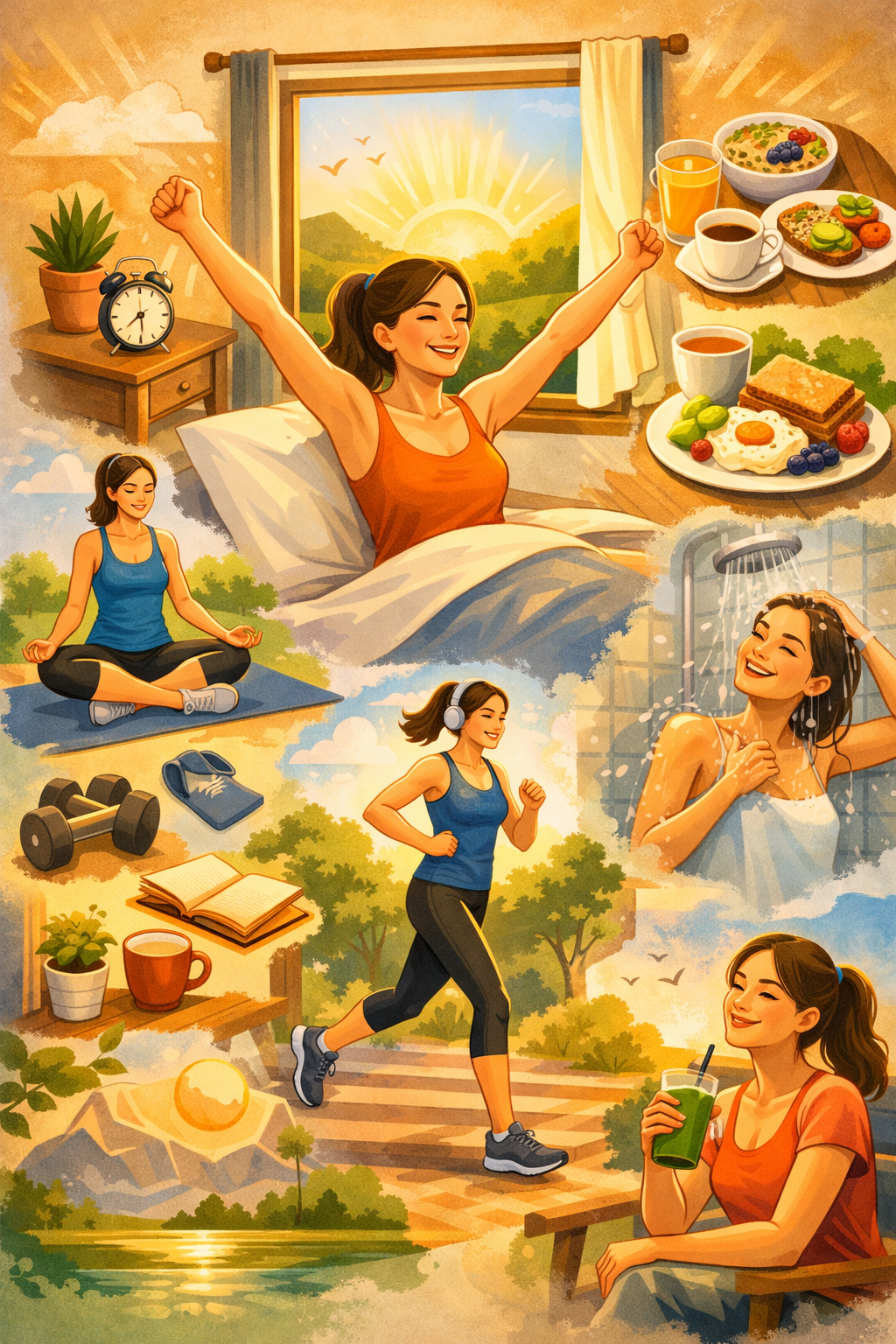 Ilustración de una mujer siguiendo una rutina matutina llena de energía: despertándose con estiramientos, meditando, corriendo al aire libre, duchándose, disfrutando un desayuno saludable y tomando un batido verde, todo en un ambiente luminoso y soleado que transmite bienestar y vitalidad.
