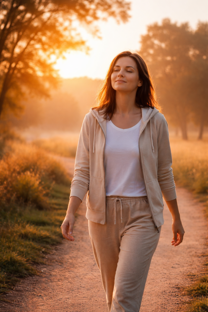estado de ánimo Persona caminando tranquilamente al aire libre al amanecer, con luz suave y expresión relajada, representando bienestar emocional y pequeños hábitos diarios. 