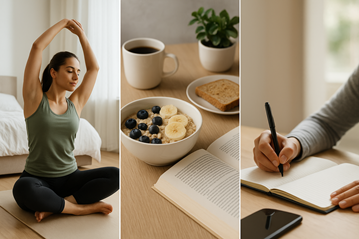 Collage realista dividido en tres partes: una persona haciendo estiramientos matinales con luz suave, un desayuno saludable con avena, frutas y café junto a un libro, y una mano escribiendo en un cuaderno, simbolizando una rutina efectiva que combina movimiento, nutrición y reflexión personal.