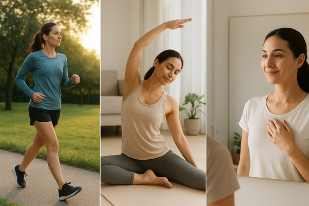 Collage con tres escenas que representan bienestar físico y emocional: una mujer caminando al aire libre, otra realizando estiramientos de yoga en casa y una más sonriendo frente al espejo, transmitiendo equilibrio, conciencia corporal y amor propio.