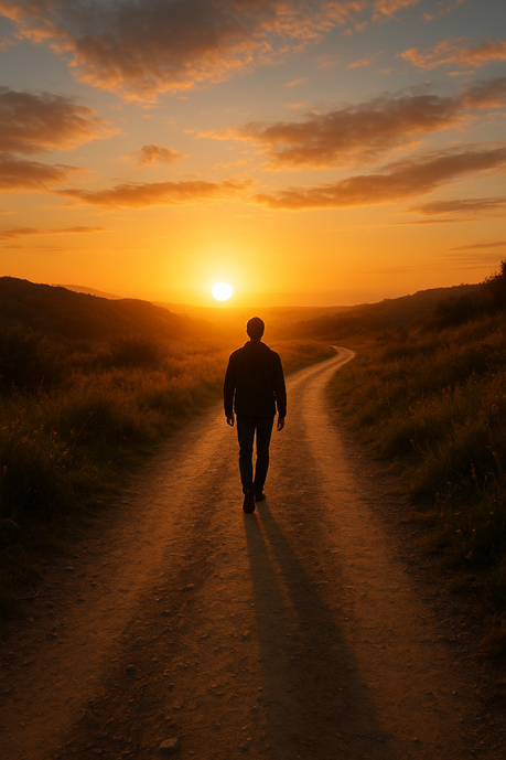Persona caminando sola por un camino de tierra al atardecer, iluminado por una cálida luz dorada, simbolizando un viaje interior hacia el amor propio y la transformación personal.